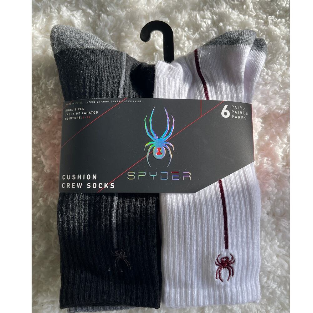 Spyder Cushion Crew Socks 6 Pairs 6–12 Athletic Comfort Black White Gray Mens